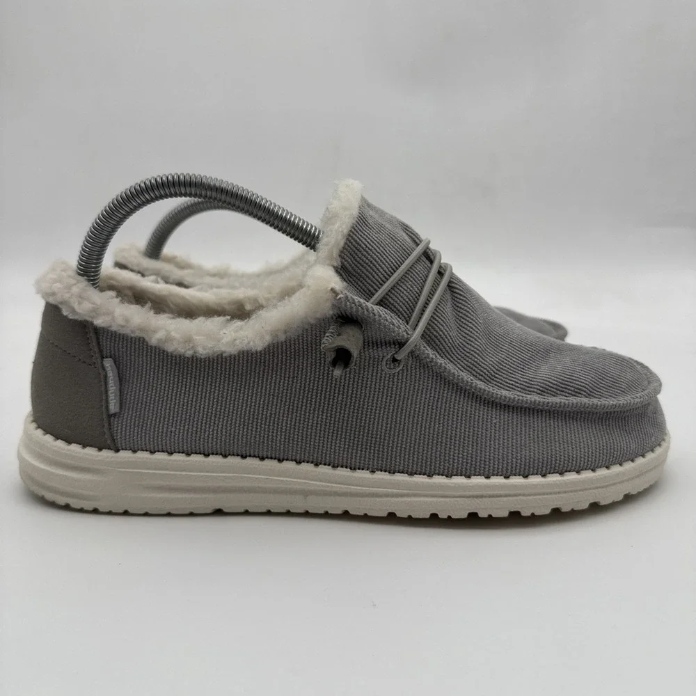 Hey Dude Wendy Corduroy Grey Womens Size 9 Comfort Shoes Faux Fur Lined Slip On